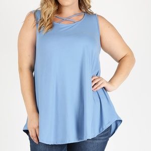 Criss Cross Sleeveless Tunic Top Plus Size | Powder Blue Stretch Tee | 1X 2X 3X